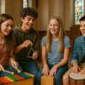 Bild von Jugendlichen die in einer Kirche mit Orff-Instrumenten musizieren